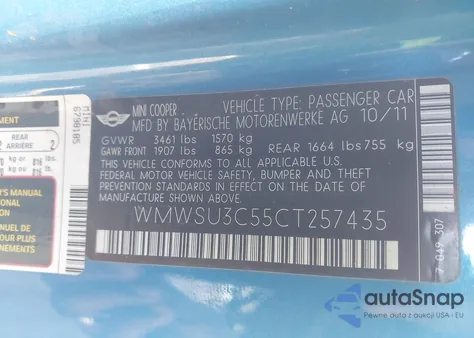 2012 Mini Cooper из США, поврежденный, VIN WMWSU3C55CT257435